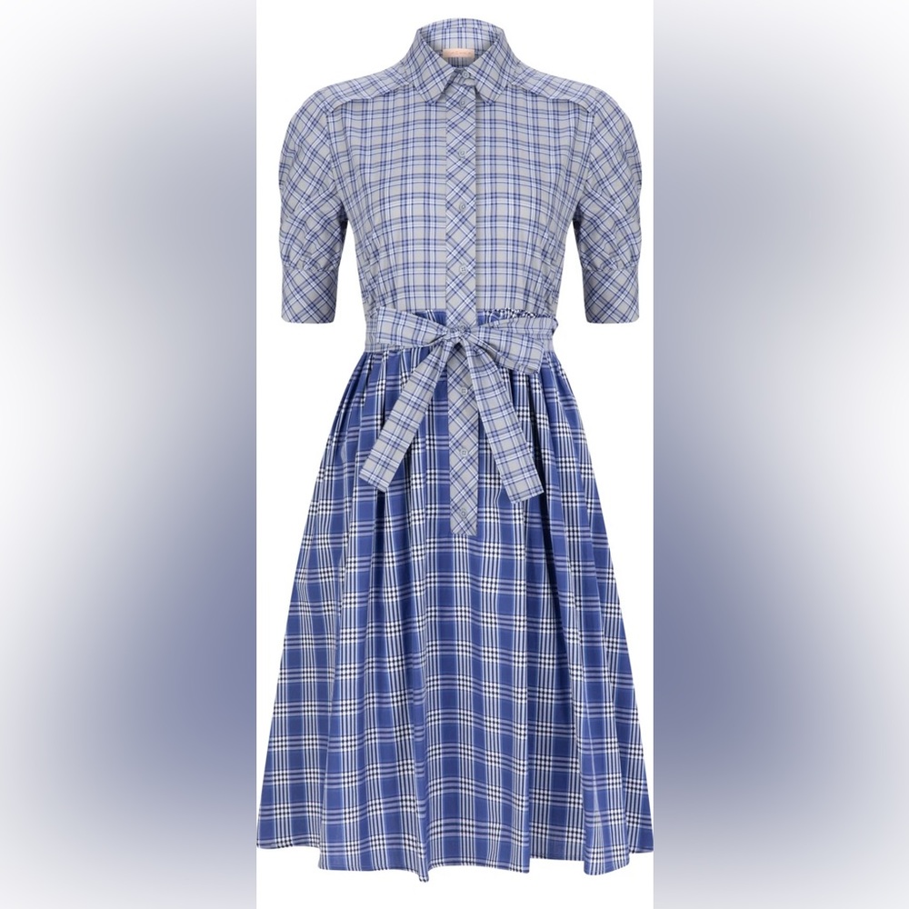 Machka Checkered Short Sleeve Belted A-Line Short Shirt Dress Cobalt S